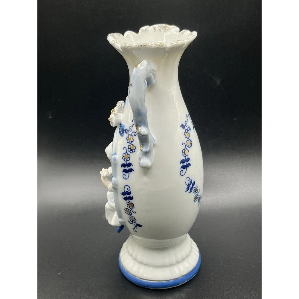 Vtg Norleans Victorian Vase White & Blue with‎ with Gold Trim Sitting Girl 7.5